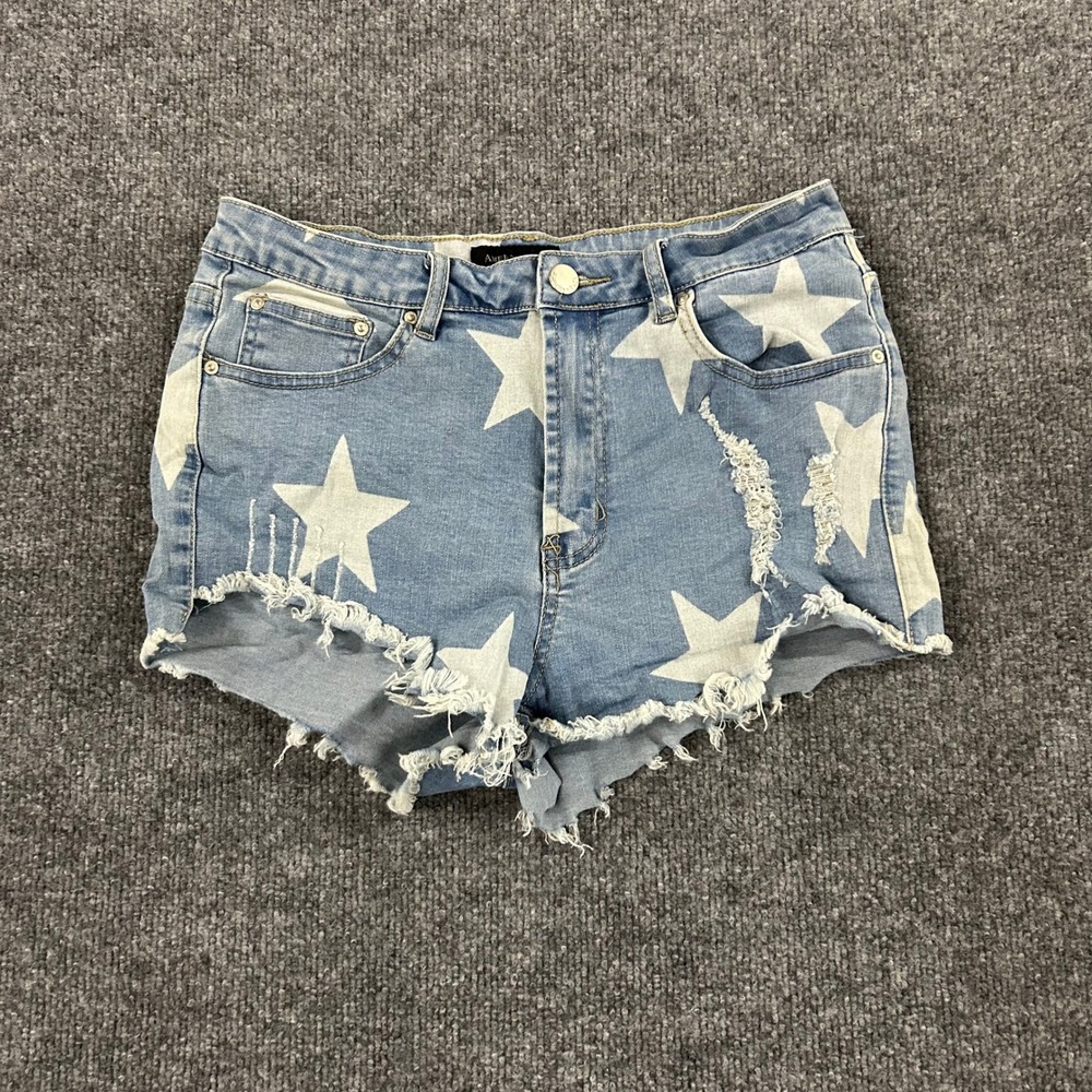 Almost Famous Denim Shorts Womens Size L Blue Star Print Distressed Frayed Hem